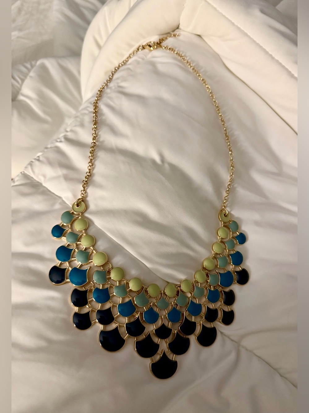 Gold-Tone Bib Necklace with Green and Blue Enamel Discs